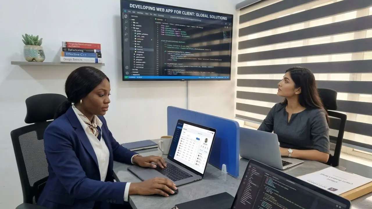 African woman confidently using technology with a fellow student